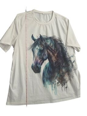 White Tee with Watercolor Horse Graphic, Size 1XL